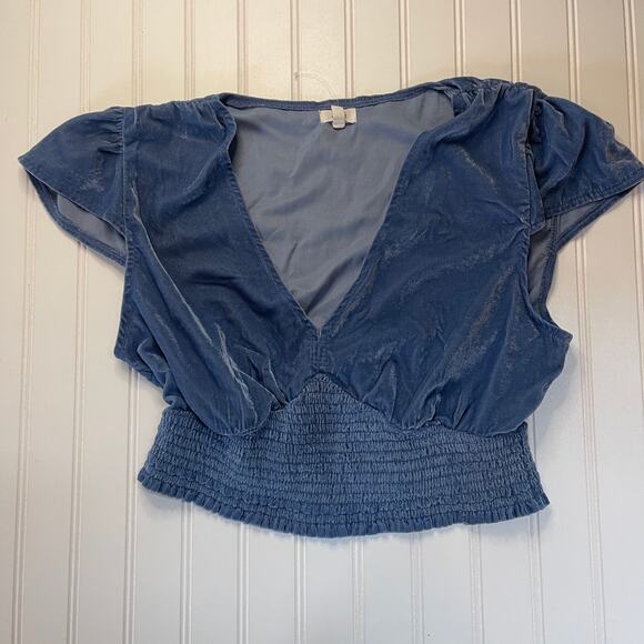 Aerie Crushed Velvet Crop Top Large Blue Ruche Waist Flutter Sleeves Size Medium - Picture 1 of 5
